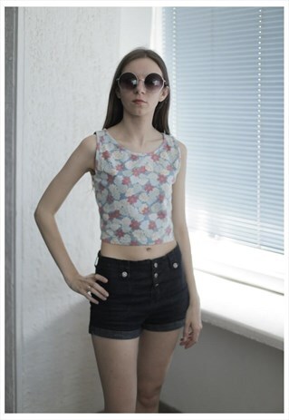VINTAGE 90'S MULTICOLOR FLOWER PRINT SLEEVELESS CROPPED TOP