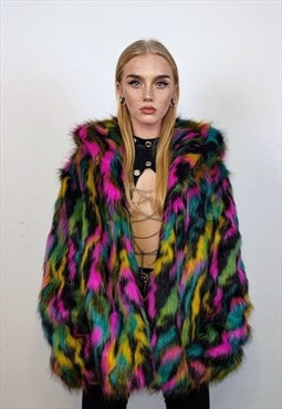 Hooded faux fur stripe neon jacket festival bomber rave coat