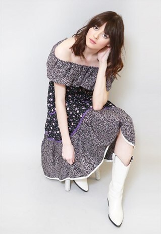 VINTAGE 1970'S FLORAL PRINT RUFFLED FOLK MIDI DRESS