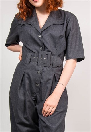 VINTAGE 90'S GREY SMART BUTTON DOWN BELTED JUMPSUIT