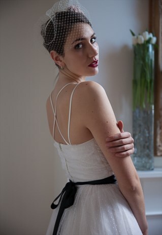 80S VINTAGE WEDDING DRESS TEA LENGTH BALLERINA POLKA DOT NET
