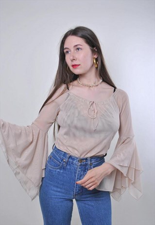 VINTAGE BEIGE WIDE SLEEVE LACE BOHO BLOUSE