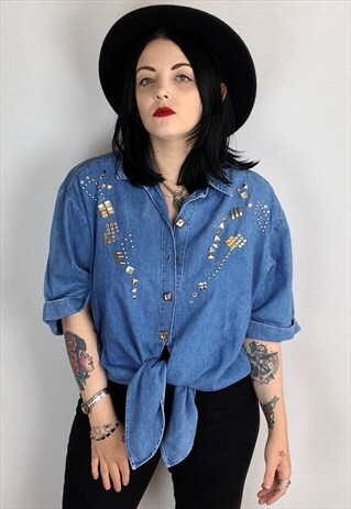 VINTAGE STUDDED WESTERN STYLE CROPPED DENIM SHIRT SIZE LARGE