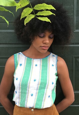 GREEN MULTI STRIPE TOP WITH EMBROIDERY