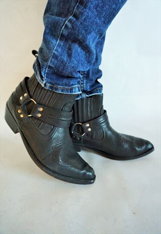 VINTAGE BLACK GENUINE LEATHER COWBOY WESTERN BOOTS SHOES