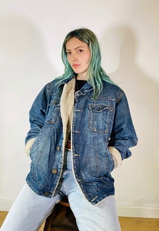 VINTAGE 90S INDUSTRIAL SHEARLING LINED DENIM JACKET