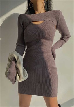 Brown Long Sleeve Madi Crop Top Mini Dress