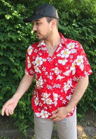 HAWAIIAN FLORAL PRINT SHIRT- RED
