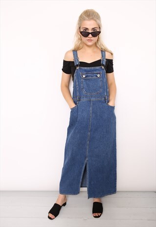 VINTAGE 90S BLUE DENIM MIDI OVERALL PINAFORE DRESS