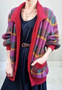 Vintage 80s Fluffy Red and Yellow Checked Chunky Cardigan
