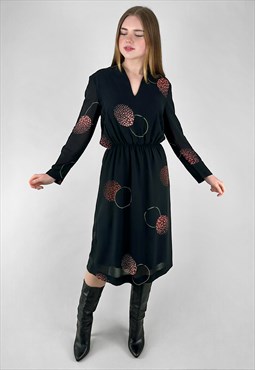 70's Vintage Black Print Long Sleeve Ladies Dress