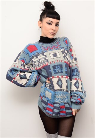 VINTAGE 90'S FUNKY RETRO CHUNKY PATTERNED SLOUCHY JUMPER