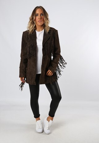 SUEDE LEATHER FRINGE TASSEL FITTED JACKET VINTAGE UK 14 (BDG
