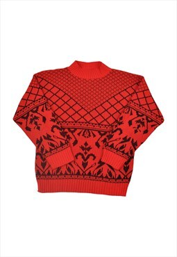 Vintage Knitted Jumper Retro Pattern Red/Black Ladies Medium
