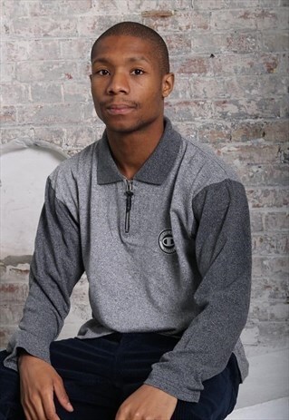 VINTAGE CHAMPION 1/4 ZIP LONG SLEEVED LOGO POLO SHIRT GREY