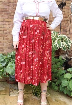 Vintage 90s Red Paisley Floral Flower Pattern Midi Skirt