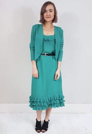 VINTAGE 80'S BRIGHT GREEN SHEER RUFFLE DRESS W/ BOLERO