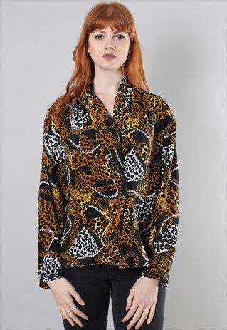 VINTAGE 80S LEOPARD PRINT PATTERNED BLOUSE