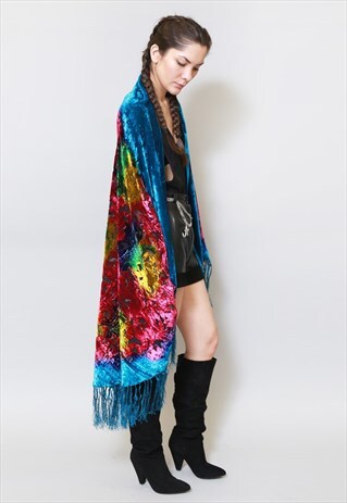 VINTAGE STYLE MULTI COLOUR SILK VELVET FRINGED FESTIVAL CAPE