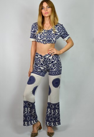 VINTAGE 70S NAVY & WHITE PATTERN CROP TOP & FLARES CO-ORD