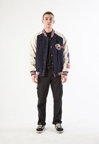 VINTAGE BLUE AND WHITE LEAVES UNIVERSITY JACKET