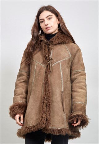 VINTAGE PREMIUM 70'S KHAKI A-LINE SHEEPSKIN COAT