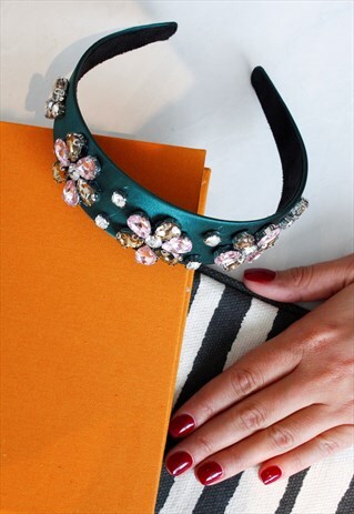 EMERALD GREEN SATIN DIAMANTE JEWEL ALICE HEAD BAND