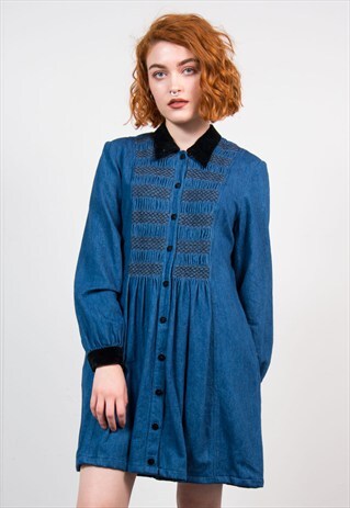 VINTAGE 90'S DENIM VELVET COLLARED MINI DRESS