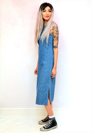 1990S VINTAGE SHIFT HIGH NECK DENIM MIDI DRESS