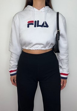 Reworked Fila White Spell Out Cropped Hoodie