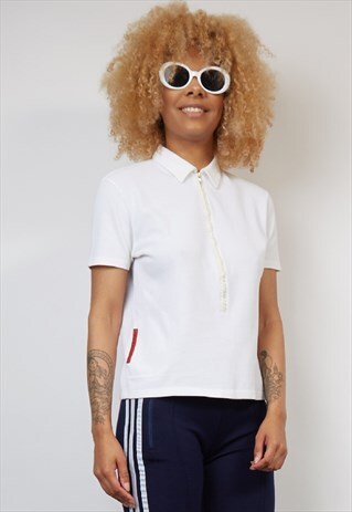 VINTAGE 90'S PRADA WHITE ZIP-UP POLO T-SHIRT