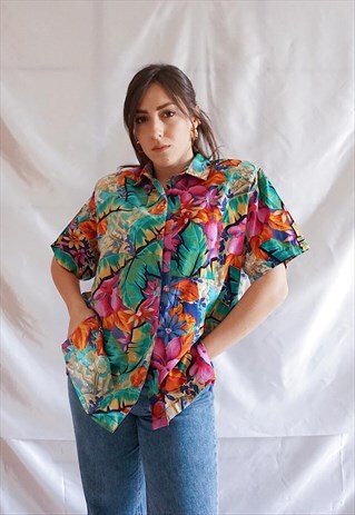 VINTAGE OVERSIZE FLORAL PRINT SHORT SLEEVE SHIRT