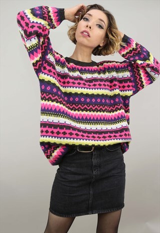VINTAGE 80S 90S OVERSIZED PATTERNED KNIT JUMPER COLOURFUL