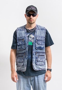 Vintage acid wash cargo vest sleeveless denim L