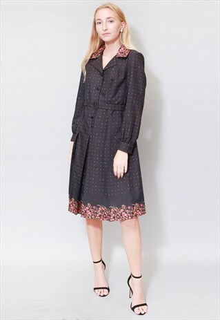 VINTAGE 1970'S BLACK FLORAL & SPOT BELTED MIDI SHIRT DRESS