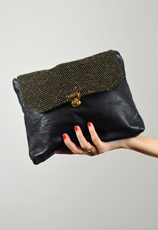 VINTAGE BLACK LEATHER & METALLIC GOLD CLUTCH PARTY BAG