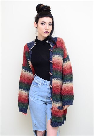 VINTAGE 90'S GRUNGE STRIPED CHUNKY WINTER KNIT CARDIGAN