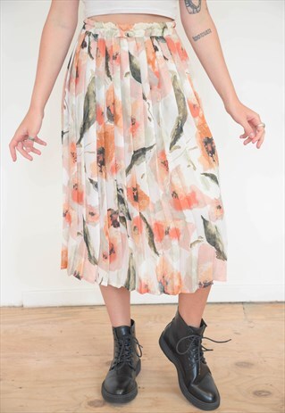 VINTAGE 70S SKIRT PLEATED IN CREAM ORANGE FLOWER PATTERN