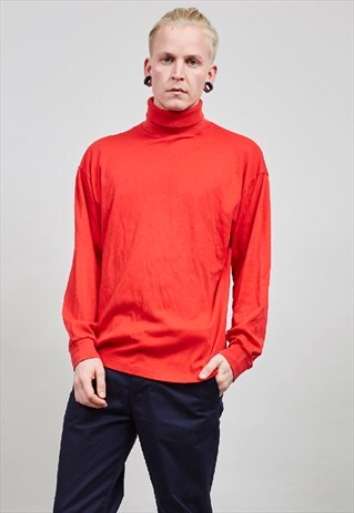 VINTAGE 90'S RED ROLL NECK COTTON SWEATER