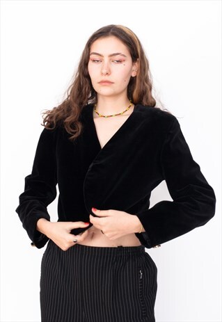 VINTAGE 80S BLACK VELVET CROP JACKET ID:1693