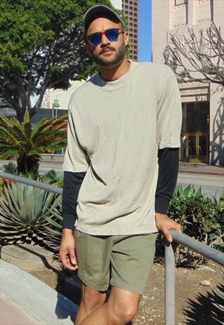 90S MINIMALIST LUXURY BEIGE SILK KNIT MOCK NECK TEE XXL