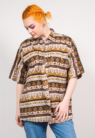 VINTAGE 90'S BROWN STRIPED PAISLEY PATTERN OVERSIZED SHIRT