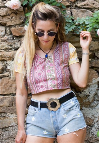 PATCHWORK BOHEMIAN PRINT TIE BACK CROP TOP