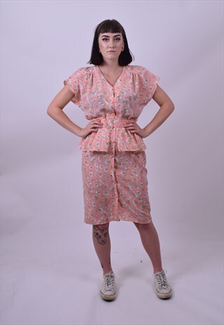 VINTAGE 80'S PINK PEACH FLOWER PEPLUM DRESS SIZE 10 TO 12