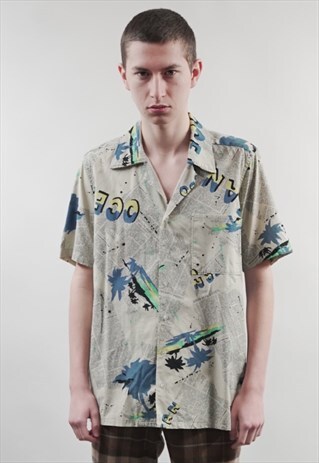VINTAGE 90'S PREMIUM NEWSPAPER PRINT HAWAIIAN SHIRT