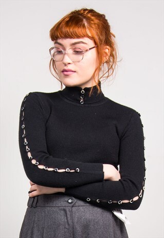 90'S BLACK RIBBED BUTTON SLEEVE ROLL NECK KNIT TOP JUMPER