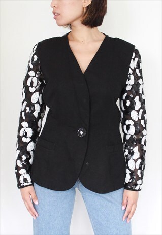 80S VINTAGE MONOCHROME EMBROIDERY MESH BLAZER