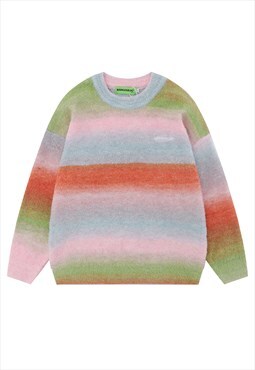 Horizontal stripe sweater gradient knitted jumper fluffy top