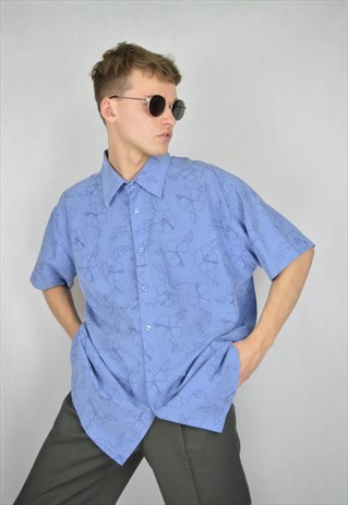 VINTAGE BLUE HAWAIIAN FLOWER SHORT SLEEVE SHIRT
