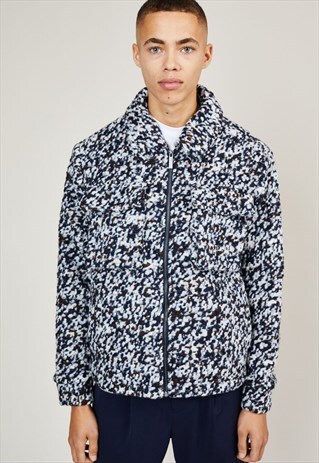 WHITE AND NAVY TEXTURED WOOL BLEND JACKET